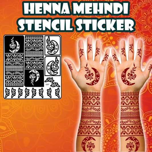 Special Moon And Star Mehndi Stencil Sticker With Floral And Traditional Design Patterns