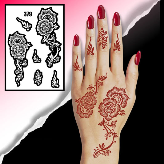 Artistic Rose Mehndi Stencil With Detailed Leaves And Finger Pattern Templates