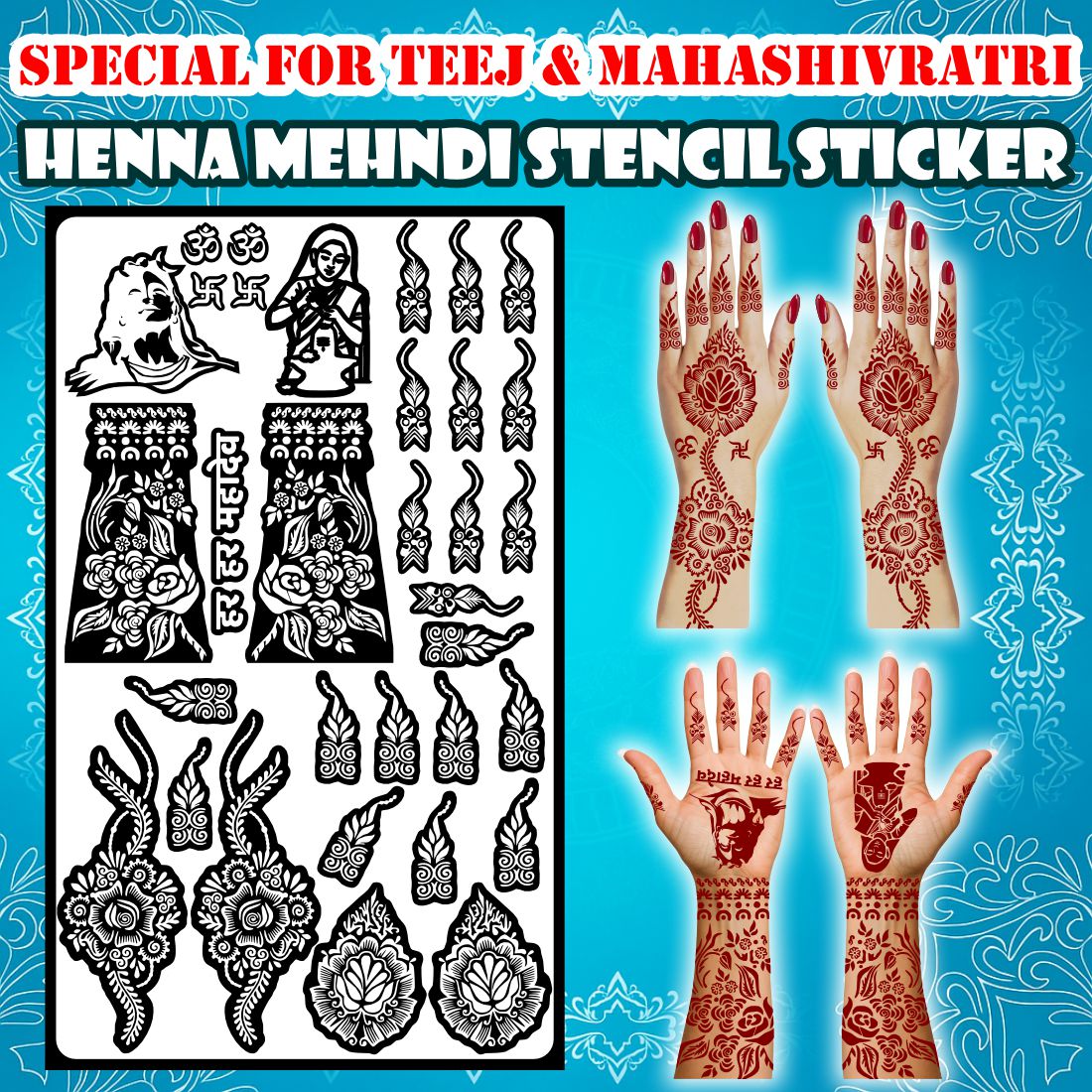 Devotional Shiva Mehndi Stencil Sheet with Om, Trishul, Har Har Mahadev Text & Floral Full Hand Design for Spiritual Festive Body Art
