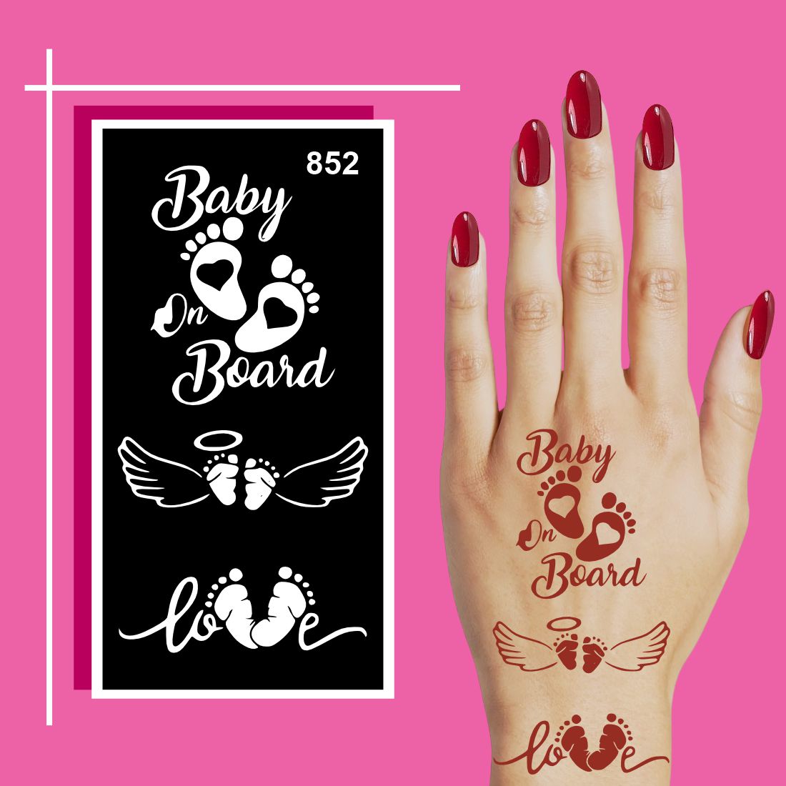 Baby Footprint Mehndi Stencil Sticker With ‘Baby on Board’ Text for Cute Themes