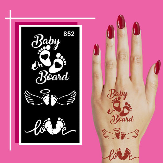 Baby Footprint Mehndi Stencil Sticker With ‘Baby on Board’ Text for Cute Themes