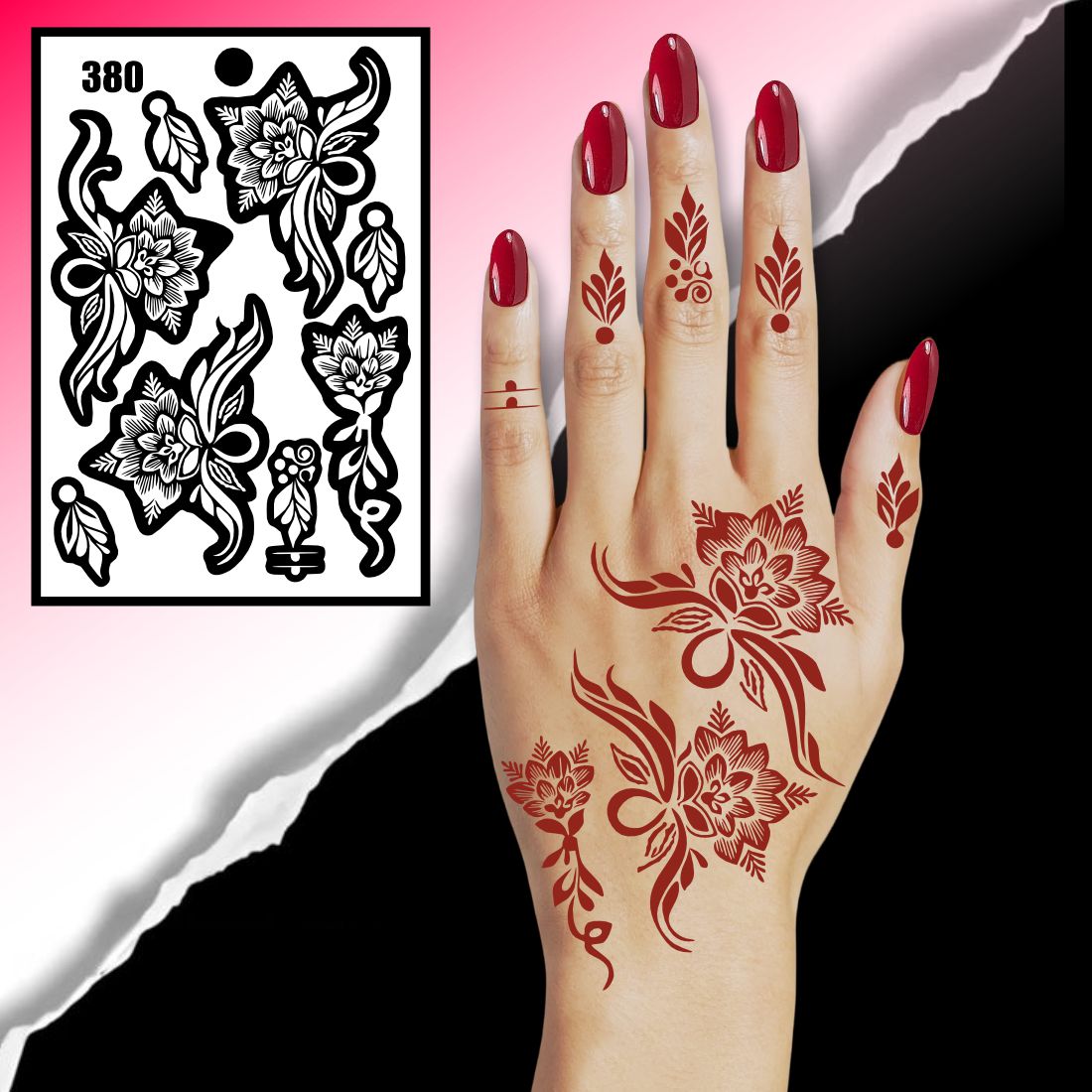 Traditional Rose & Leaf Mehndi Stencil With Small Finger Art Patterns