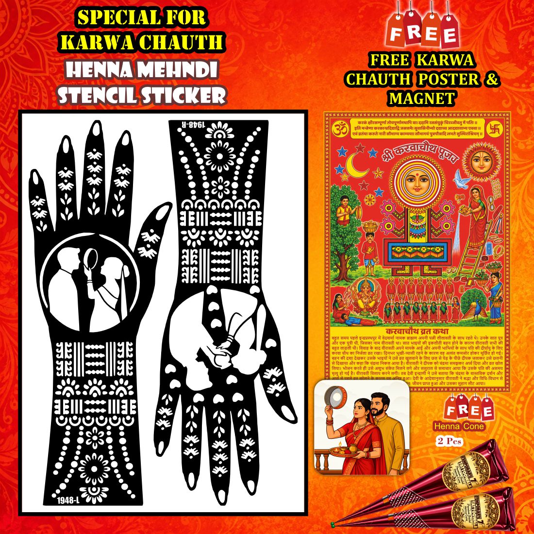 Karwa Chauth Mehndi Stencil Sticker For Women & Girls Traditional Henna Design Template Easy Apply Festival Mehndi Sticker