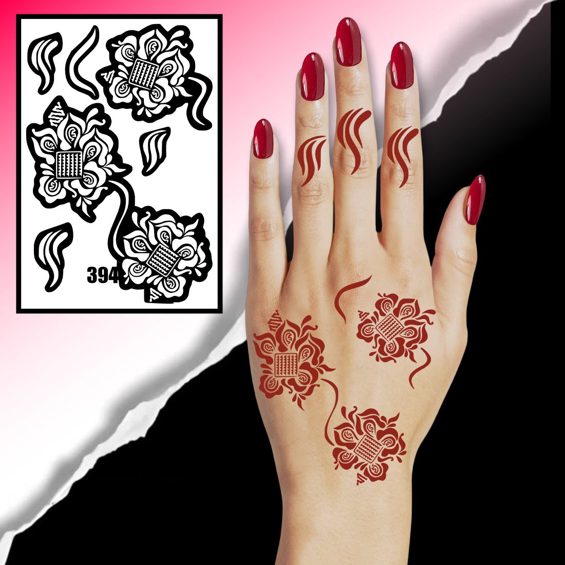 Flower Mehndi Stencil With Leaf Accents For Professional & DIY Henna Art