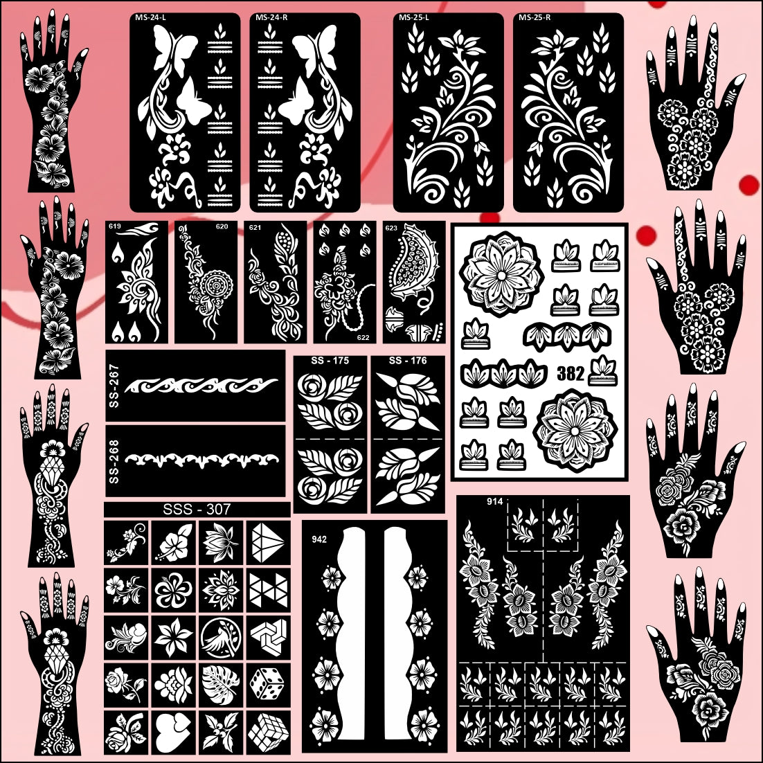 Beautiful Combo Mehndi Stencil Sticker With Finger, Palm Design For Brides