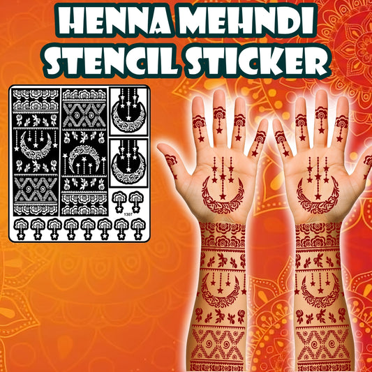 Moon And Star Mehndi Stencil Sticker With Floral And Decorative Patterns