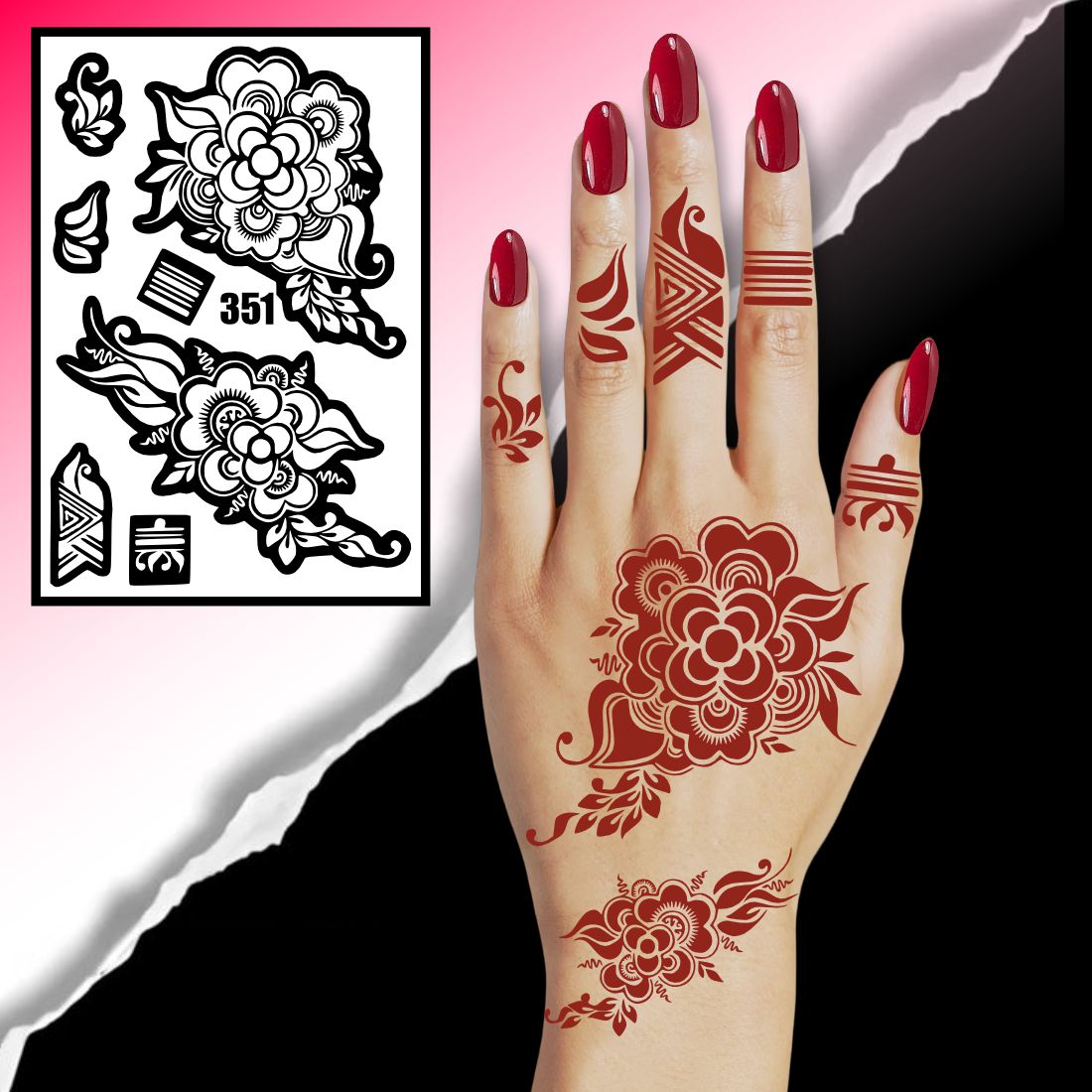 Elegant Floral Mehndi Stencil Sticker with Intricate Leaf and Pattern Motifs