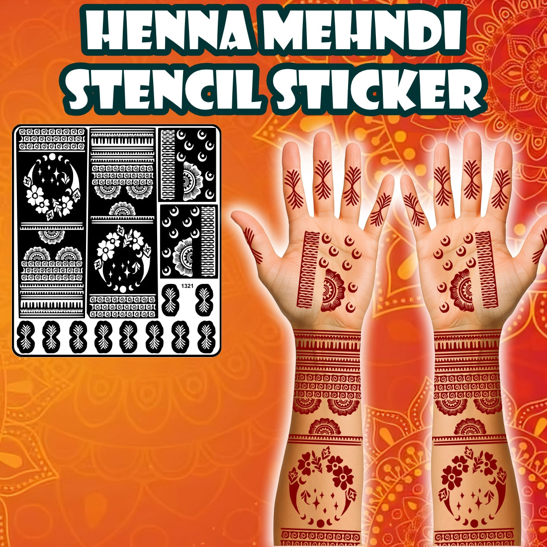 Flower Moon And Floral Mehndi Stencil Sticker With Traditional Design For Full Hand & Fingers