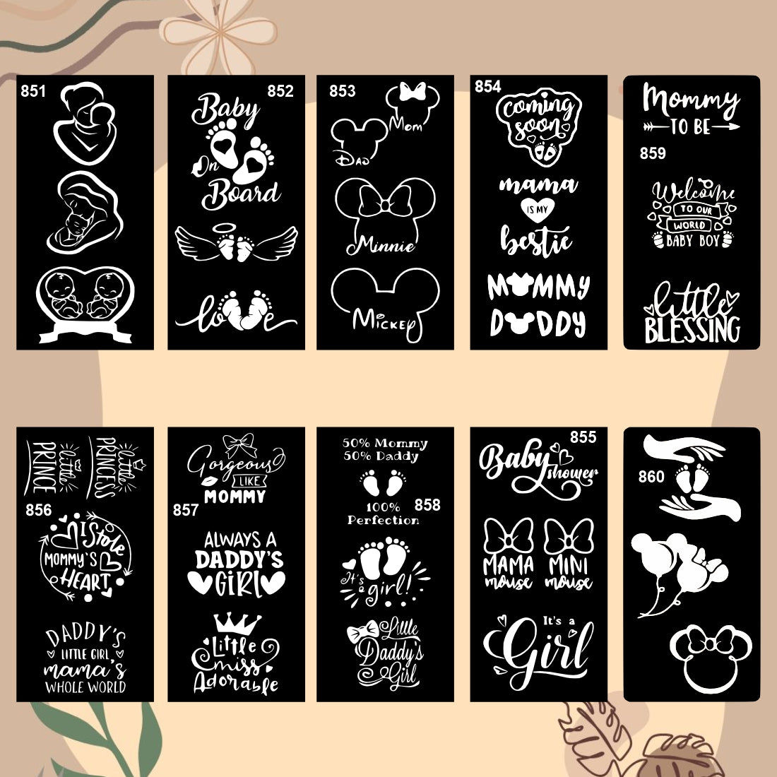 Baby Shower Combo Mehndi Stencil Sticker Set with Cute Quotes for Mommy, Daddy and Little One Celebrations