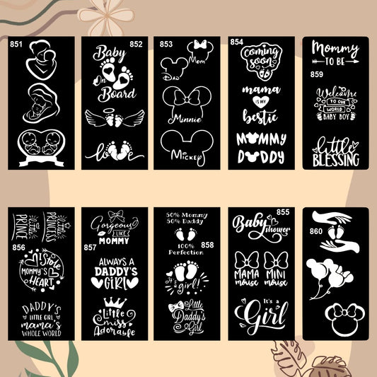Baby Shower Combo Mehndi Stencil Sticker Set with Cute Quotes for Mommy, Daddy and Little One Celebrations