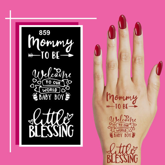 Newborn Celebration Mehndi Stencil Sticker “Little Blessing” Script Design