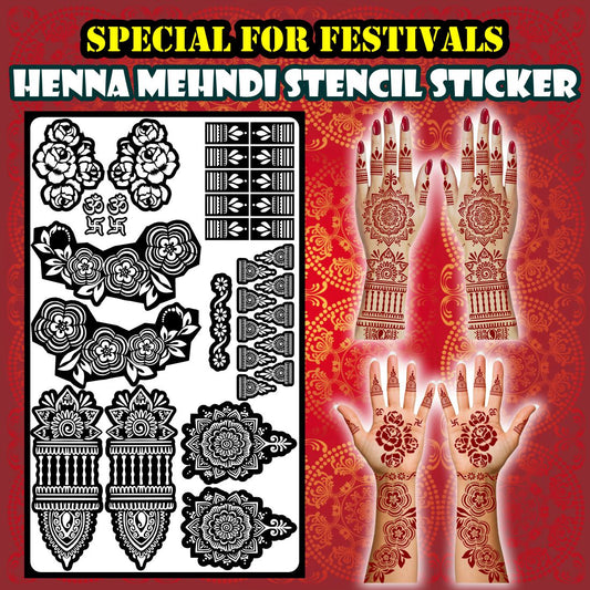 All Festival Floral Mehndi Stencil Sheet Featuring Mandala, Swastik, Om, Kalash, and Decorative Flower Borders for Hands and Feet