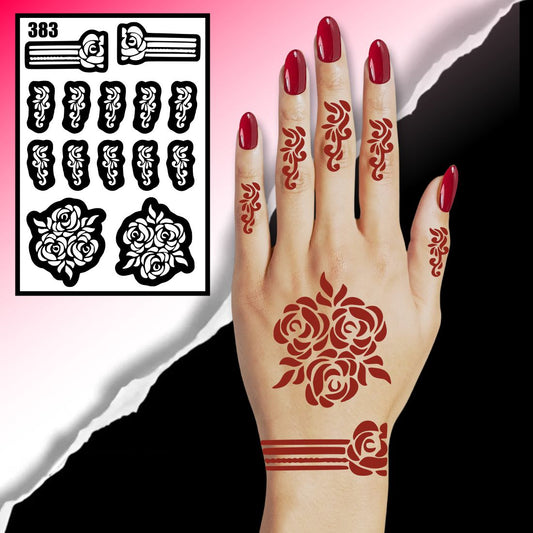 Detailed Rose Mehndi Stencil With Leafy Matching Finger Pattern