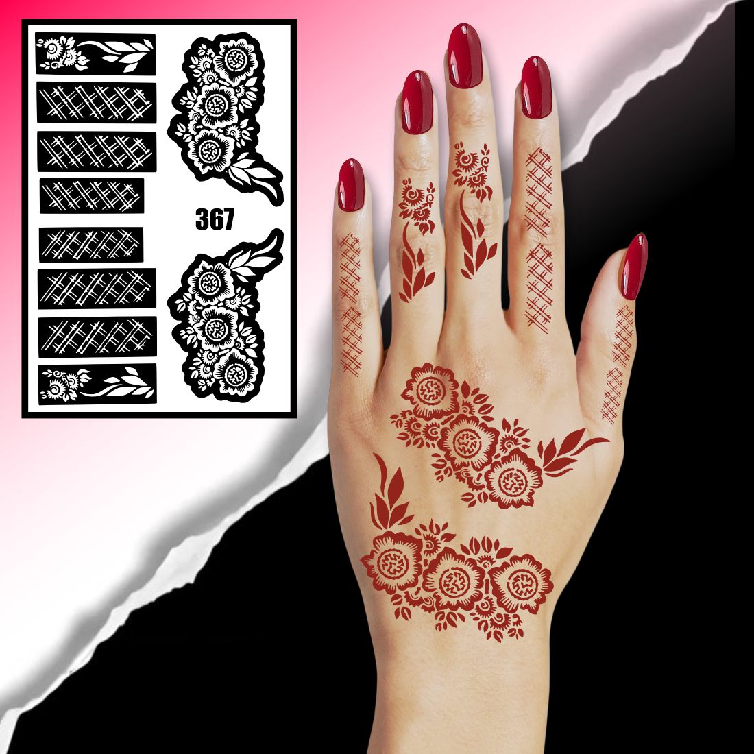 Intricate Rose & Leaf Henna Stencil With Traditional Patterned Finger Design