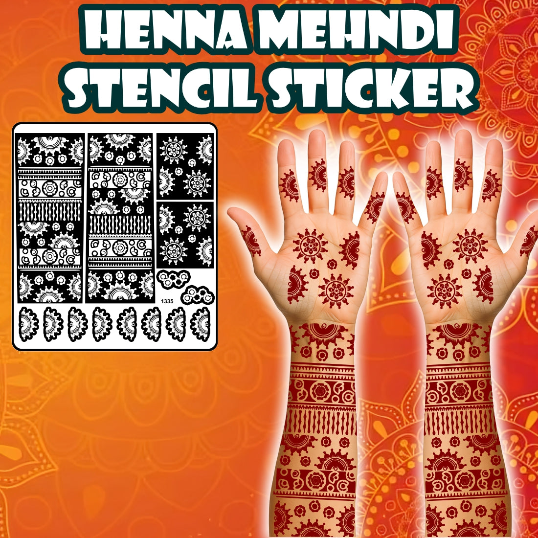 Sun And Floral Mehndi Stencil Sticker With Traditional Patterns For Hands And Fingers
