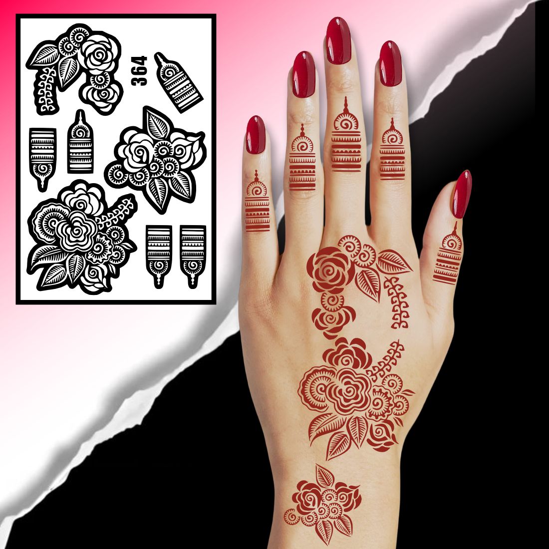 Beautiful Floral Mehndi Stencil Featuring Roses, Leaves, Finger Motifs