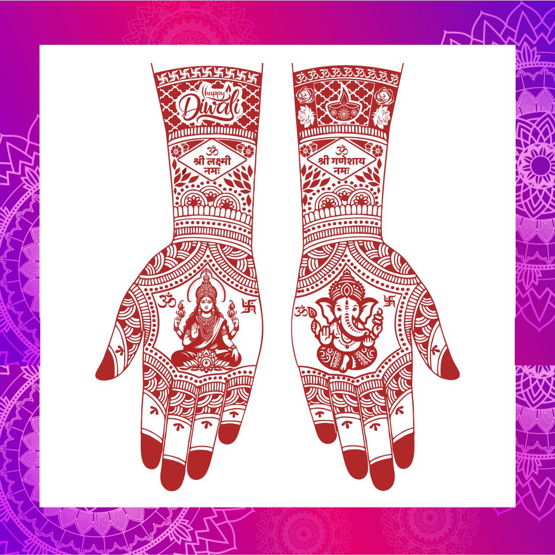 Lakshmi Ganesh Henna Mehndi Tattoo for Diwali Easy Hand Design Template for Festivals, Pooja & Bridal Celebration