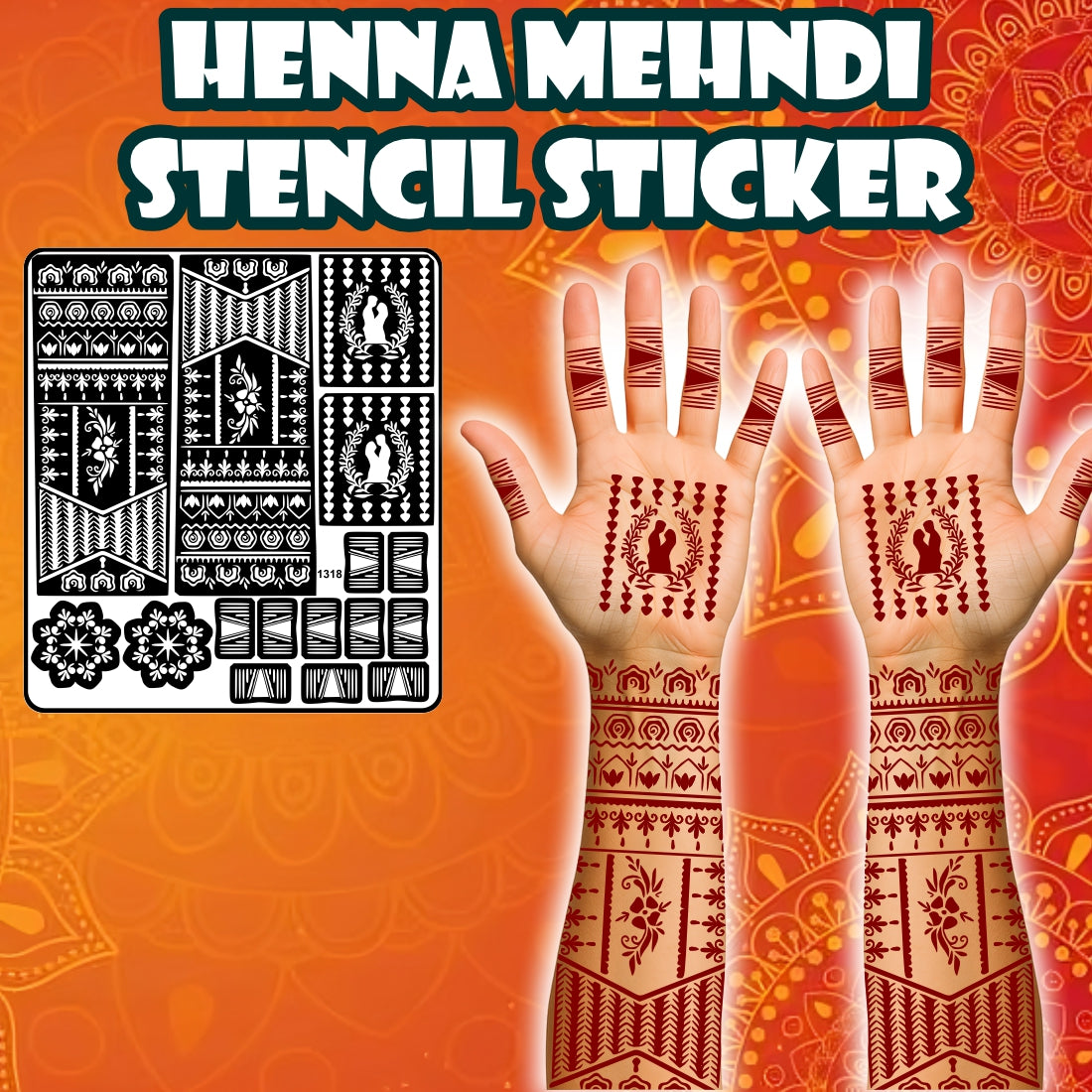 Crescent Moon And Leaf Mehndi Stencil Sticker With Traditional Patterns Hand & Fingers