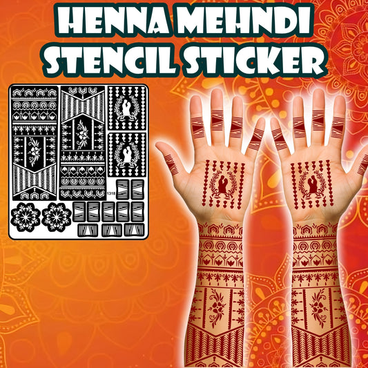 Crescent Moon And Leaf Mehndi Stencil Sticker With Traditional Patterns Hand & Fingers