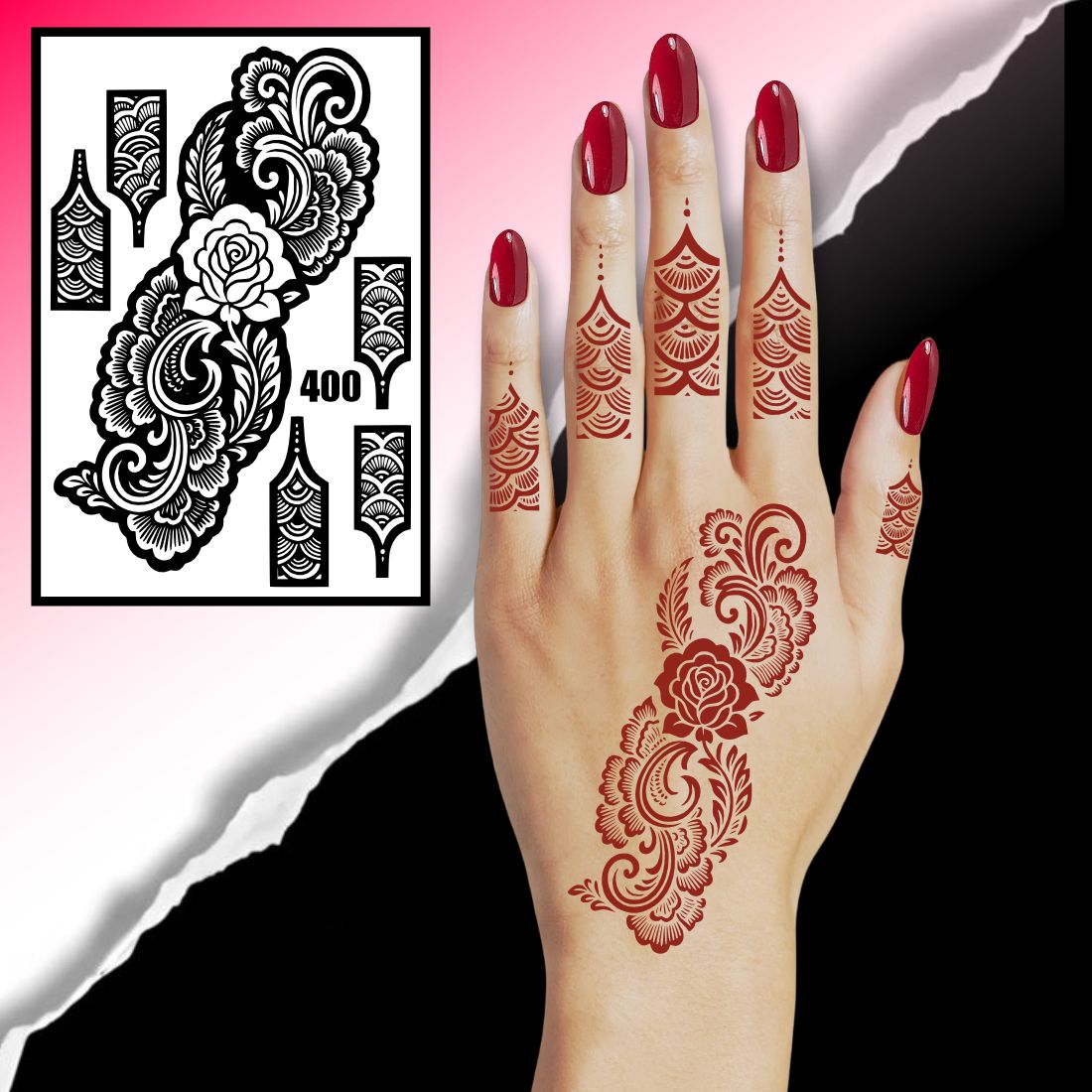 Beautiful Floral Mehndi Stencil Roses, Leaves, And Intricate Finger Motifs