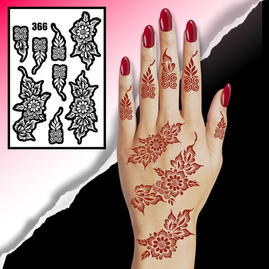 Artistic Mehndi Stencil With Blooming Roses, Leaves, & Detailed Finger Patterns