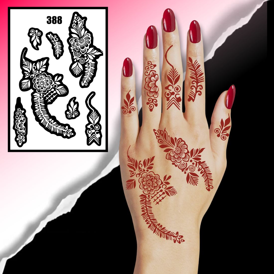 Artistic Flower Mehndi Stencil With Feather-Like Leaf Patterns For Unique Hand