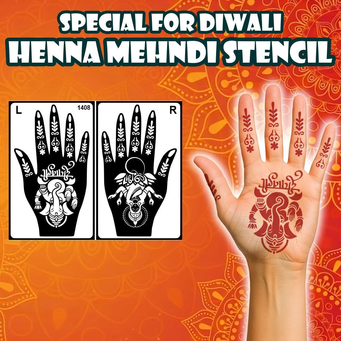 Shubh Lakshmi Ganesh Diwali Stencil Mehndi Sticker Design for Hands Deepavali Stencil Henna Art with Lakshmi & Ganesh