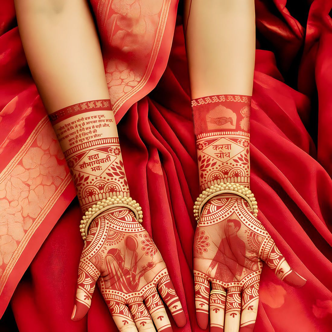 Karwa Chauth Mehndi Design With Bride, Groom Design Full Hand With Traditional Design