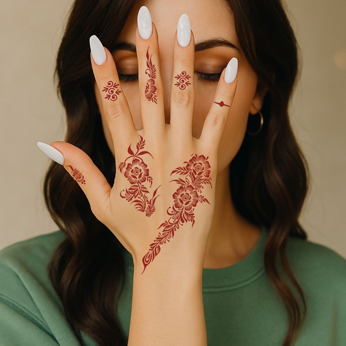 Beautiful Floral Mehndi Stencil Featuring Roses, Leaves & Matching Finger Motifs
