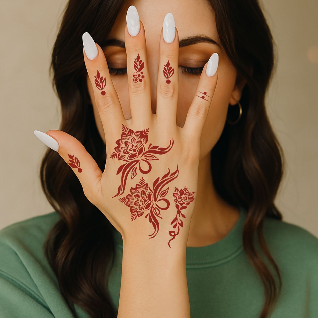 Traditional Rose & Leaf Mehndi Stencil With Small Finger Art Patterns