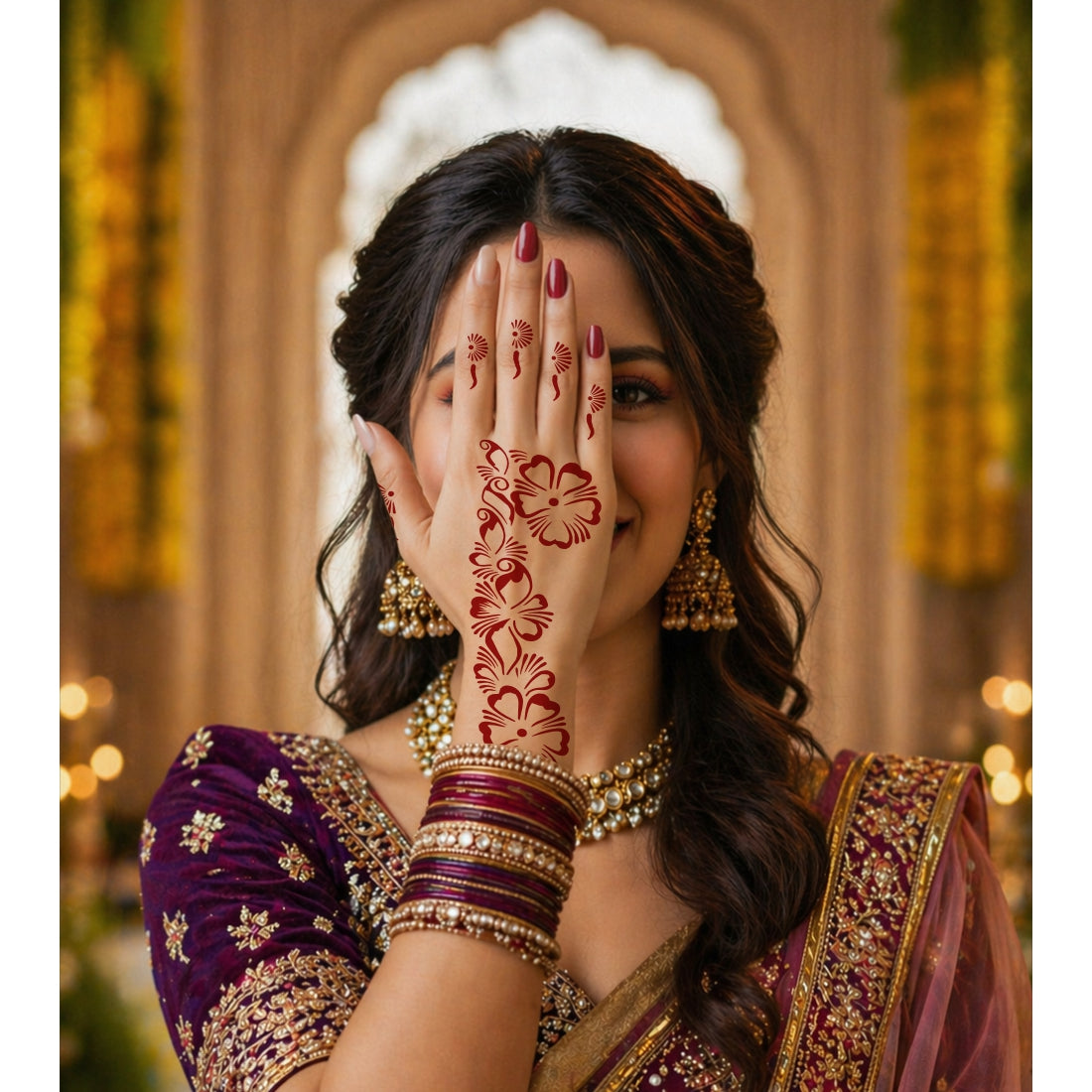 Flower Blossom Mehndi Stencil Set, 6 Pairs 12 Pcs Elegant Hand Art Templates for Bride