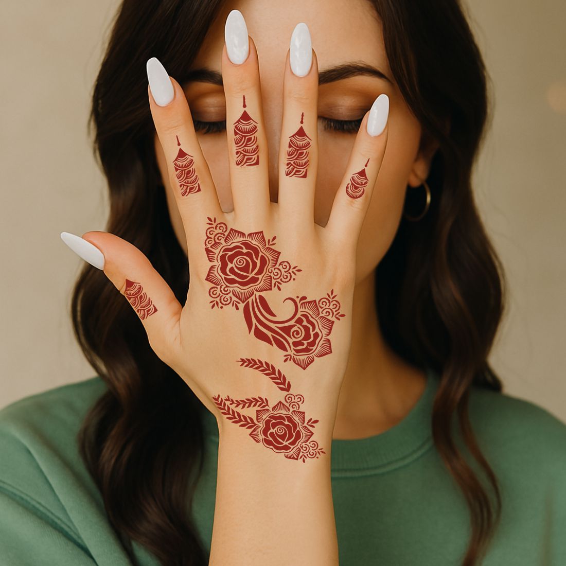 Elegant Rose & Leaf Mehndi Stencil Sticker With Detailed Finger Pattern Designs