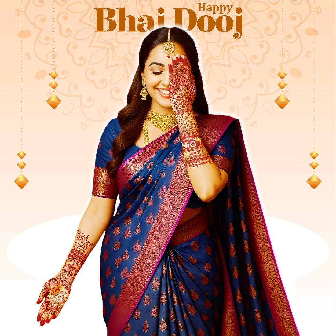 Bhai Dooj Mehndi Tattoo Design for Hands Traditional Brother-Sister Festival Henna Art Beautiful Bhai Behan Mehndi tattoo Design for
