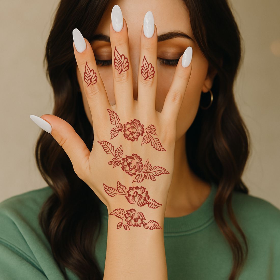 Artistic Mehndi Stencil Featuring Bold Leaf Patterns & Flowing Floral
