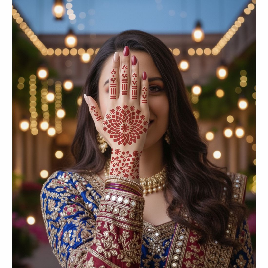 Designer Bridal Mehndi Stencil Sticker With Heart, Leaf, And Mandala Shapes Easy To Use With Instant Beautiful Design