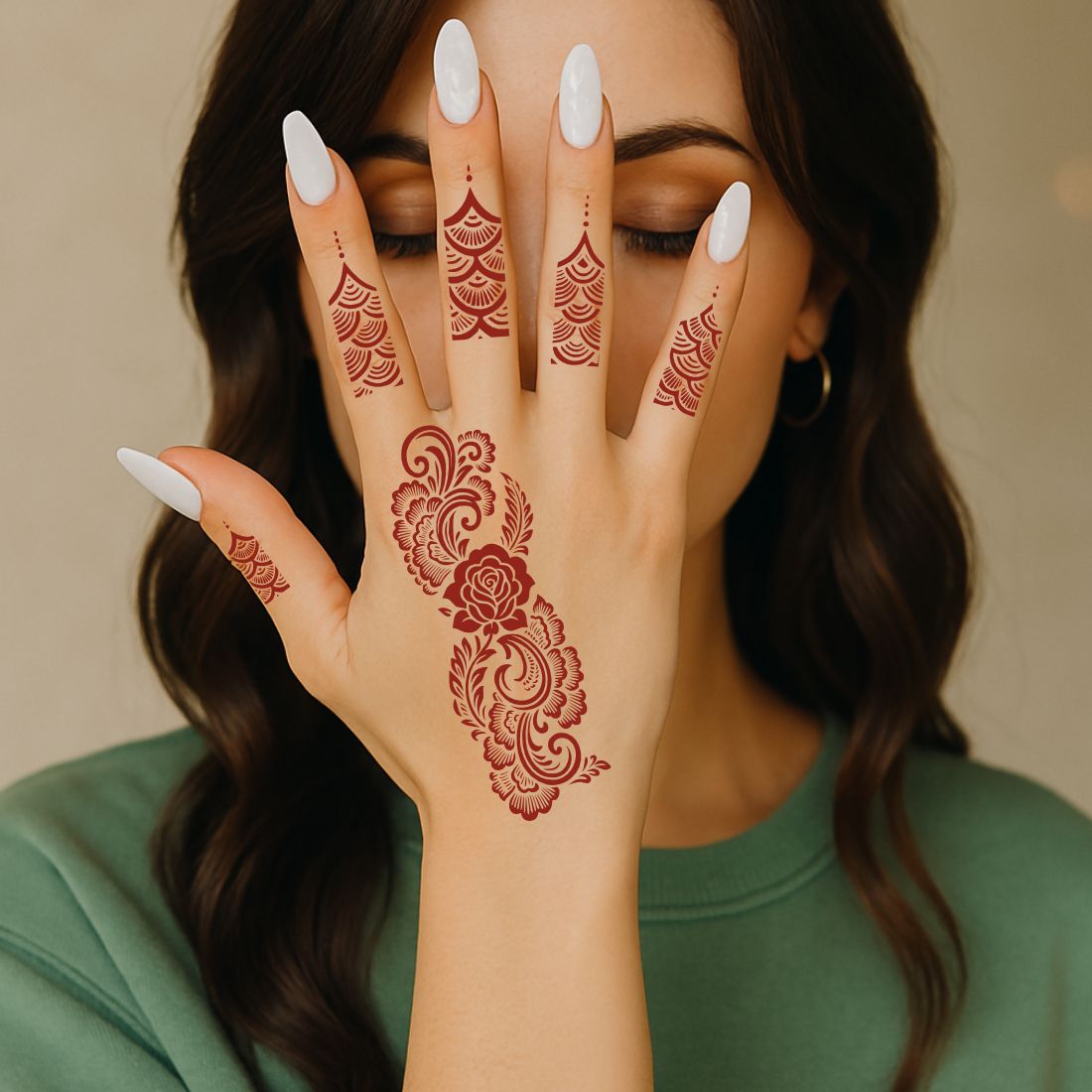 Beautiful Floral Mehndi Stencil Roses, Leaves, And Intricate Finger Motifs