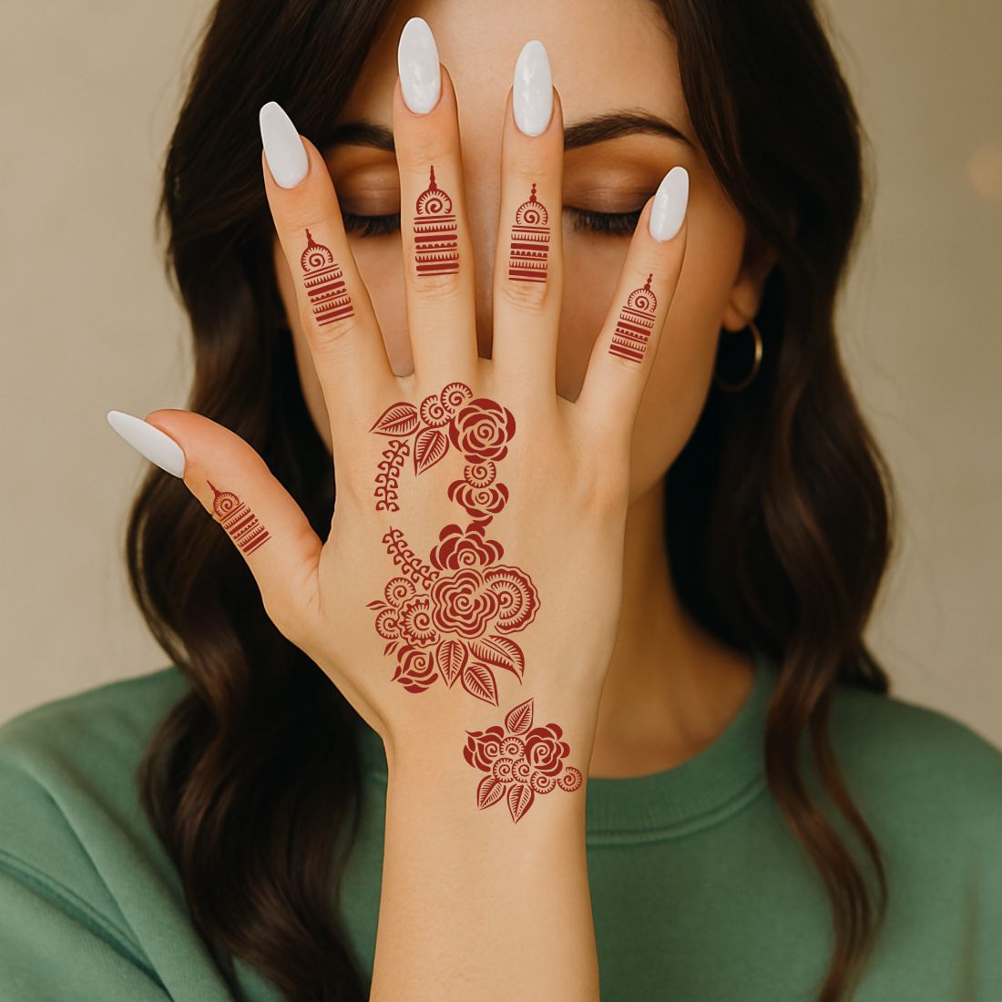 Beautiful Floral Mehndi Stencil Featuring Roses, Leaves, Finger Motifs
