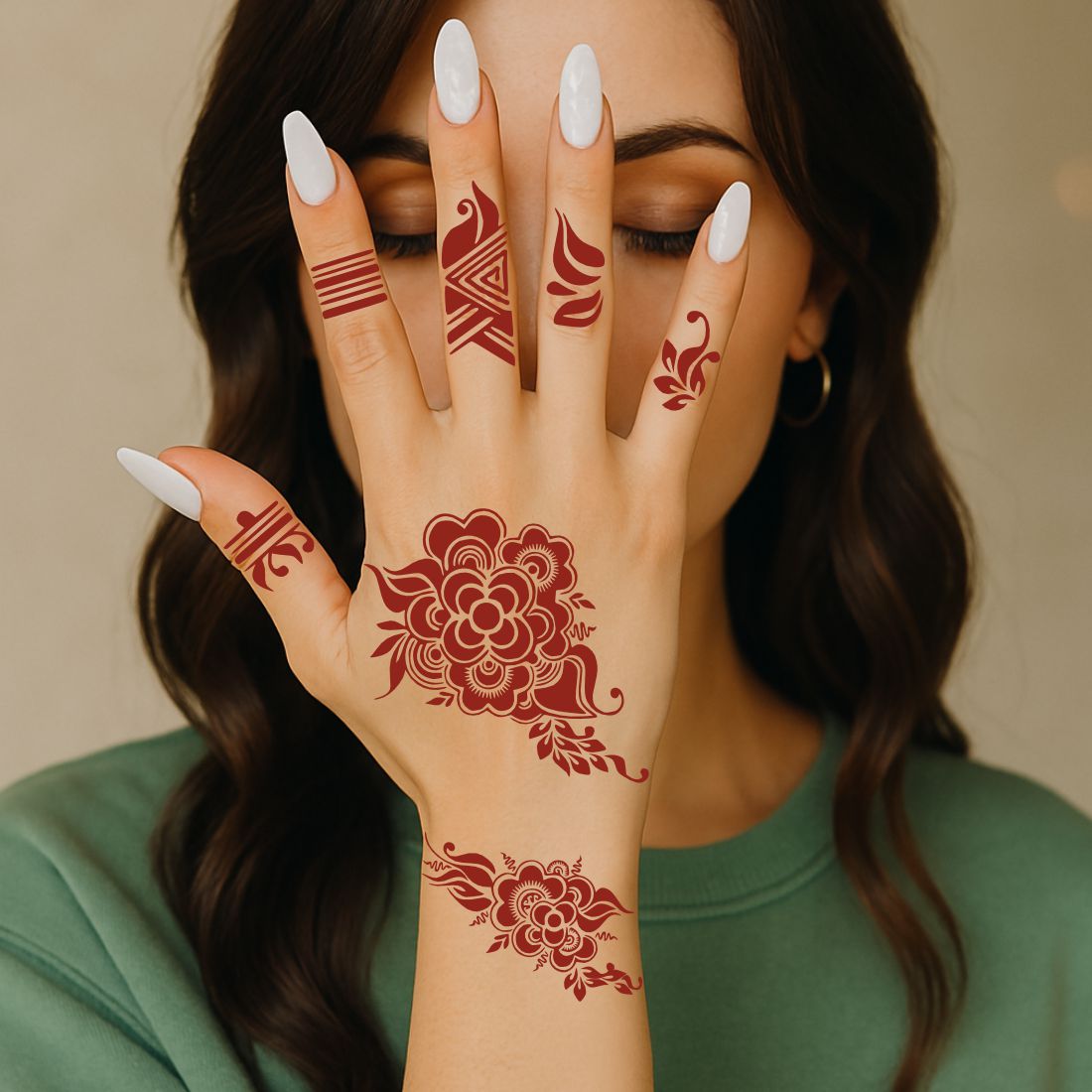 Elegant Floral Mehndi Stencil Sticker with Intricate Leaf and Pattern Motifs
