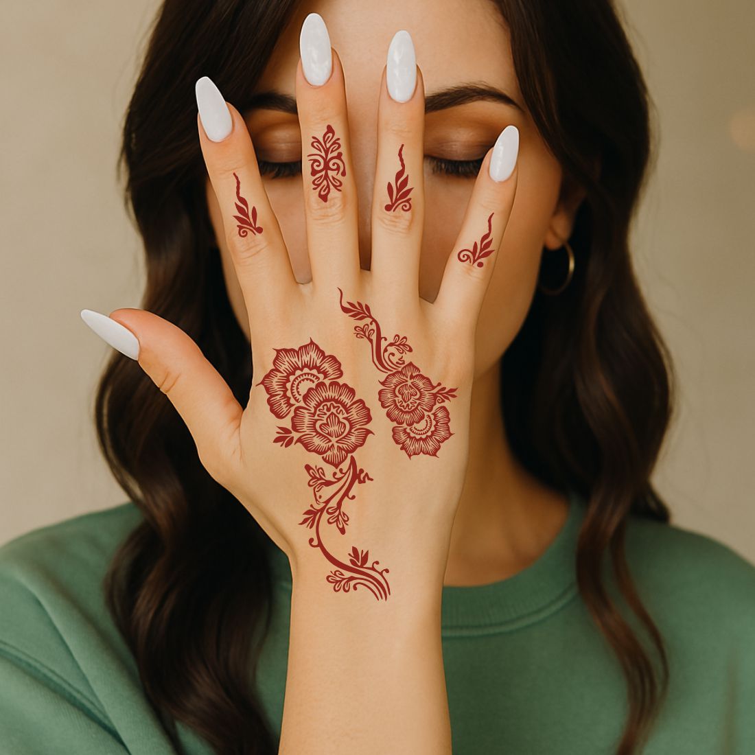 Artistic Rose Mehndi Stencil With Detailed Leaves And Finger Pattern Templates