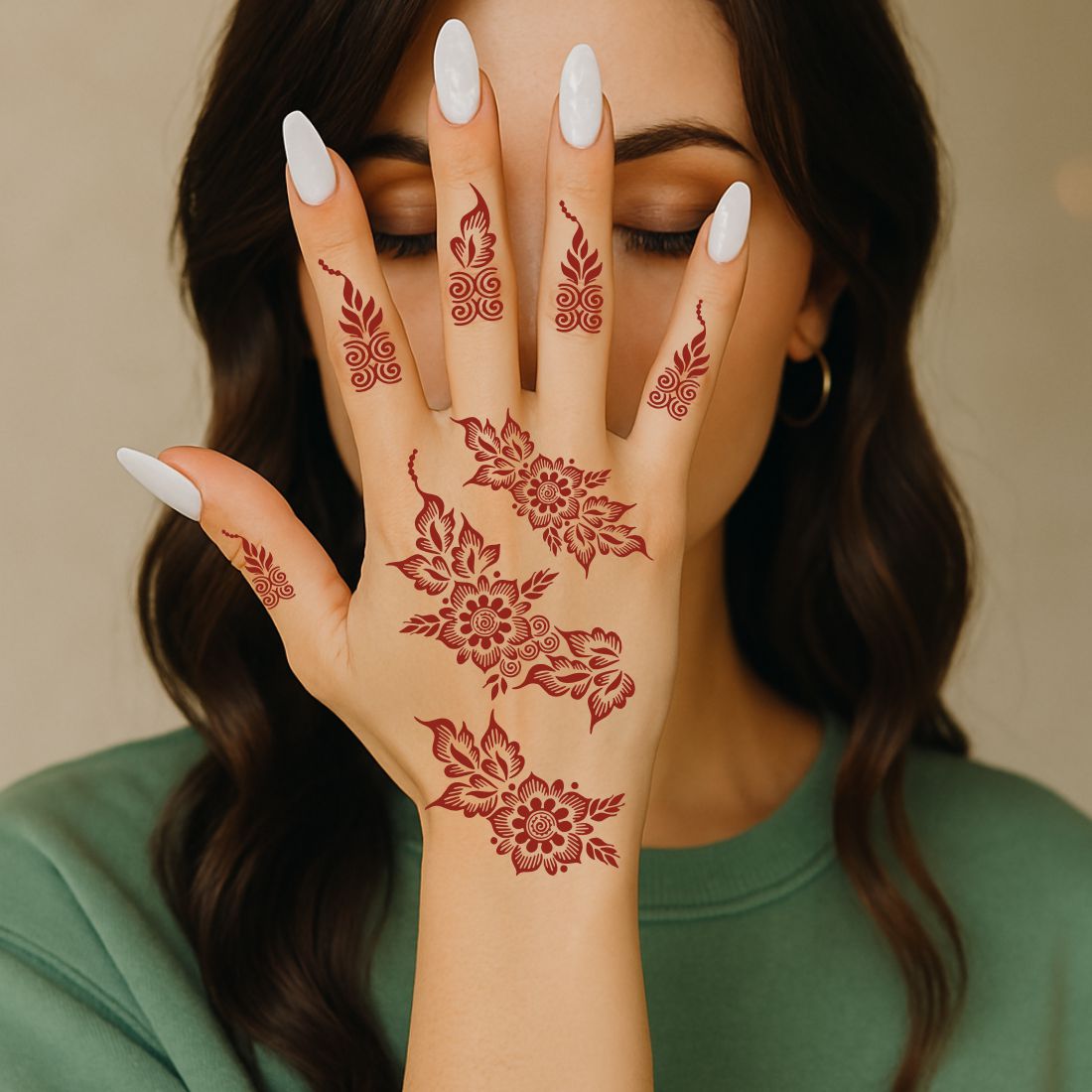 Artistic Mehndi Stencil With Blooming Roses, Leaves, & Detailed Finger Patterns