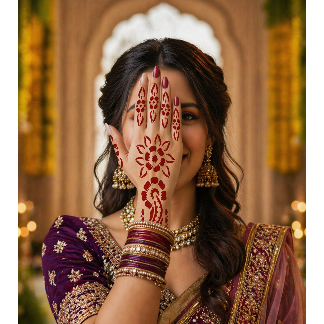 Designer Floral Mehndi Stencil Set.6 Pairs 12 Pcs Premium Full Hand Henna Pattern Templates.