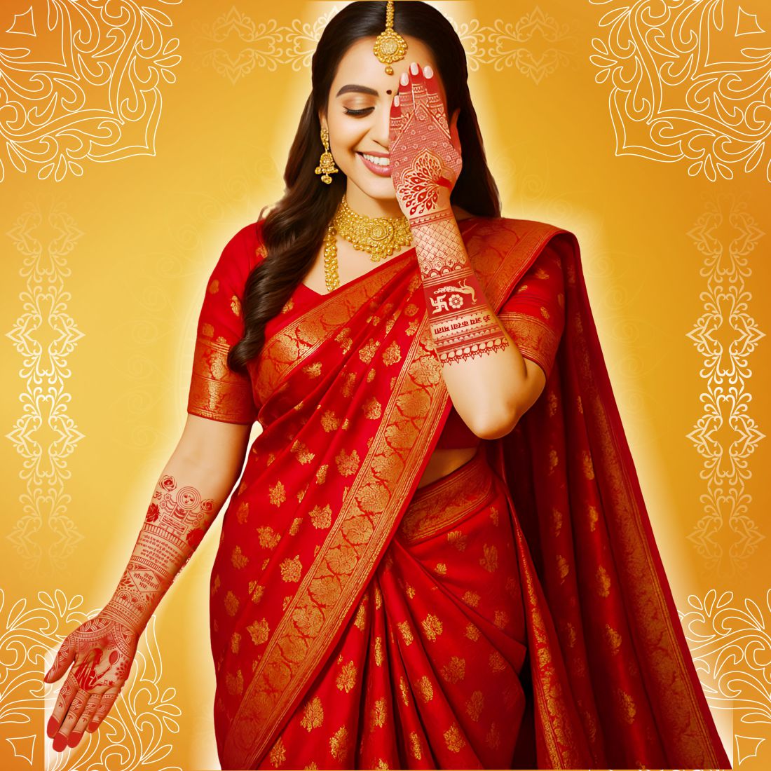 Karwa Chauth Special Full Hand Double Side Mehndi Tattoo Sticker Design With Bride, Groom & Traditional Motifs
