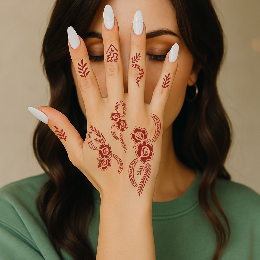 Stylish Floral Mehndi Stencil With Roses, Leaves, And Finger Art Templates