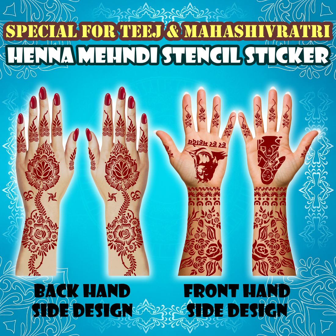 Devotional Shiva Mehndi Stencil Sheet with Om, Trishul, Har Har Mahadev Text & Floral Full Hand Design for Spiritual Festive Body Art