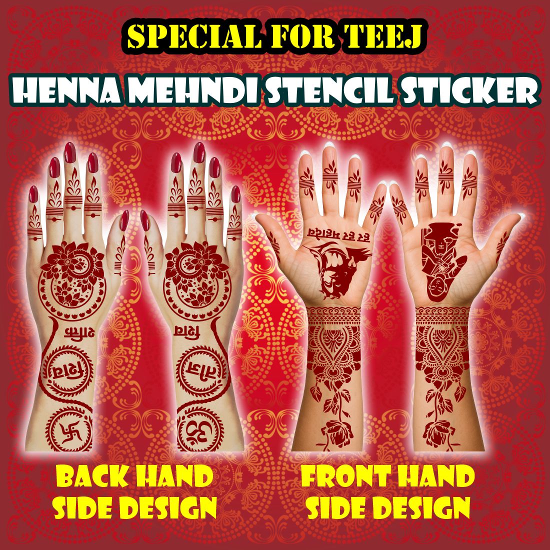 Elegant Teej Mehndi Stencil Sheet With Artistic Shiv Shakti Designs, Kalash, Om, Swastik, Floral Borders, And Decorative Religious Patterns For Celebrations