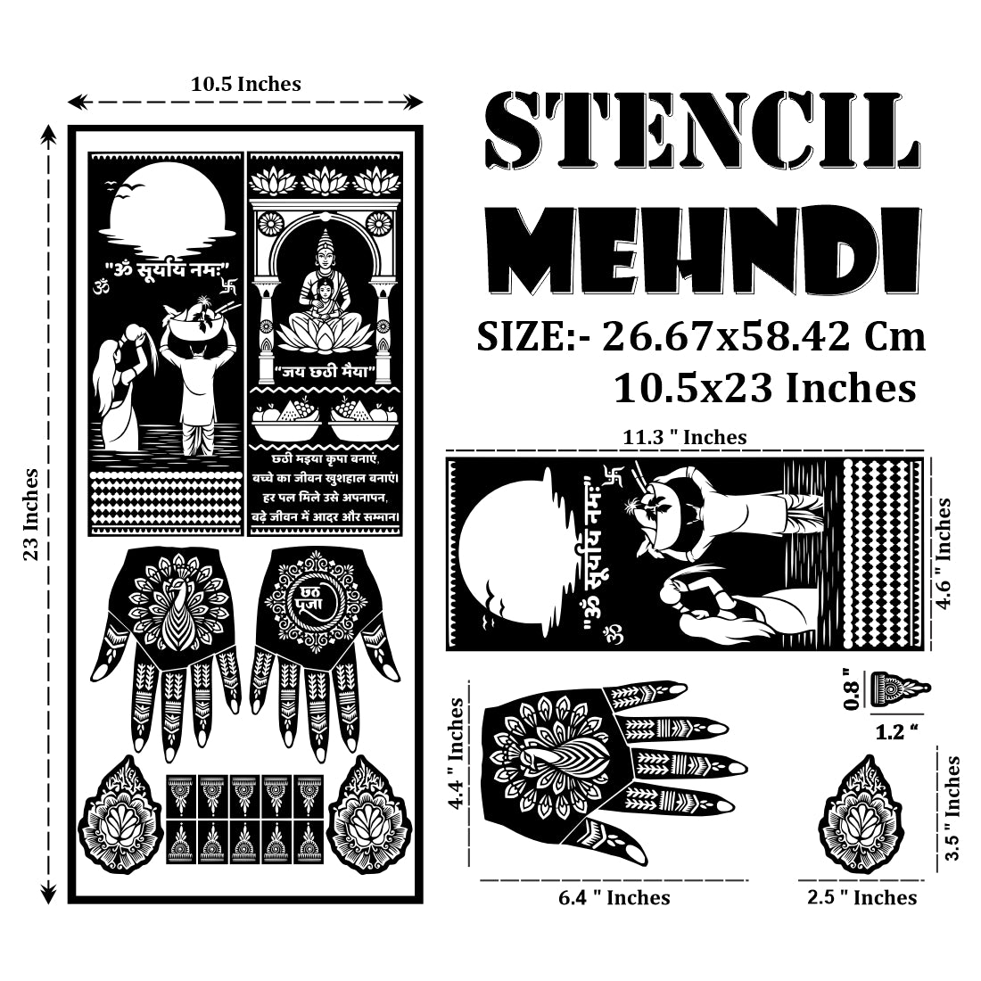 Chhath Puja Stencil Mehndi Sticker Design for Hands Chhath Maiya & Surya Dev Beautiful Arghya Puja Mehndi Design for Women Festival-Ready Cultural Heena Design