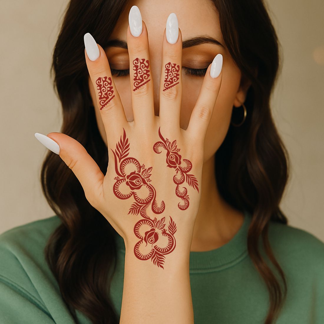 Intricate Rose & Leaf Henna Stencil With Traditional Patterned Finger Design