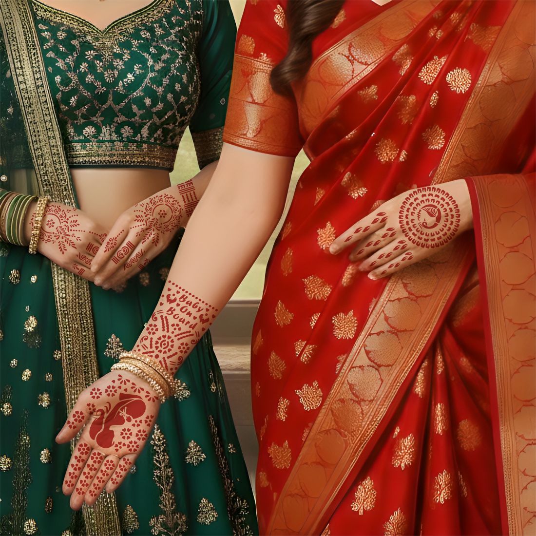 Romantic Couple Bridal Mehndi Stencil Sticker For Palm And Back Hand Use Functions Easy To Use With Instant Beautiful Design