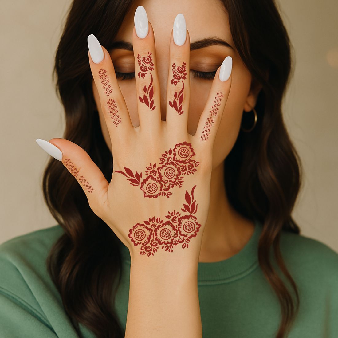 Intricate Rose & Leaf Henna Stencil With Traditional Patterned Finger Design