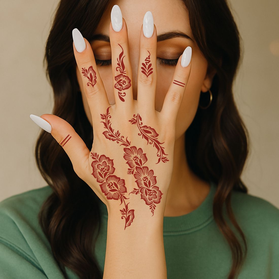 Traditional Mehndi Stencil With Detailed Leaves And Artistic Curved Design